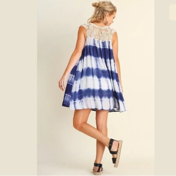CLEARANCE Blue Tie Dye Crochet Striped Sleeveless Dress - Picture 3 of 3